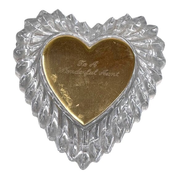 Heart Shaped Crystal Trinket Dish Box Gold Engraved To A Great Aunt Gift Vintage - Picture 2 of 12